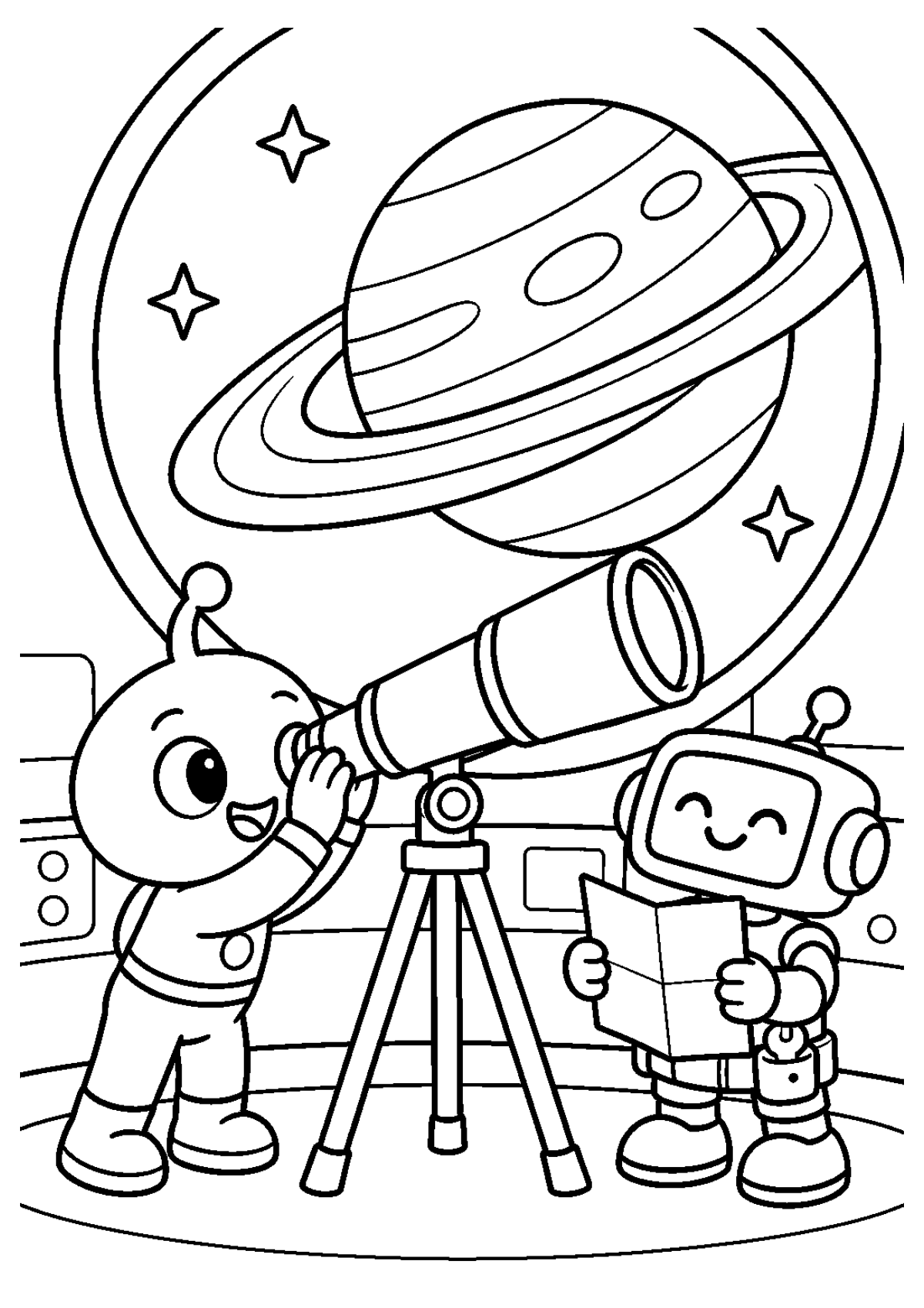Rocket Pals — Black-and-white coloring page