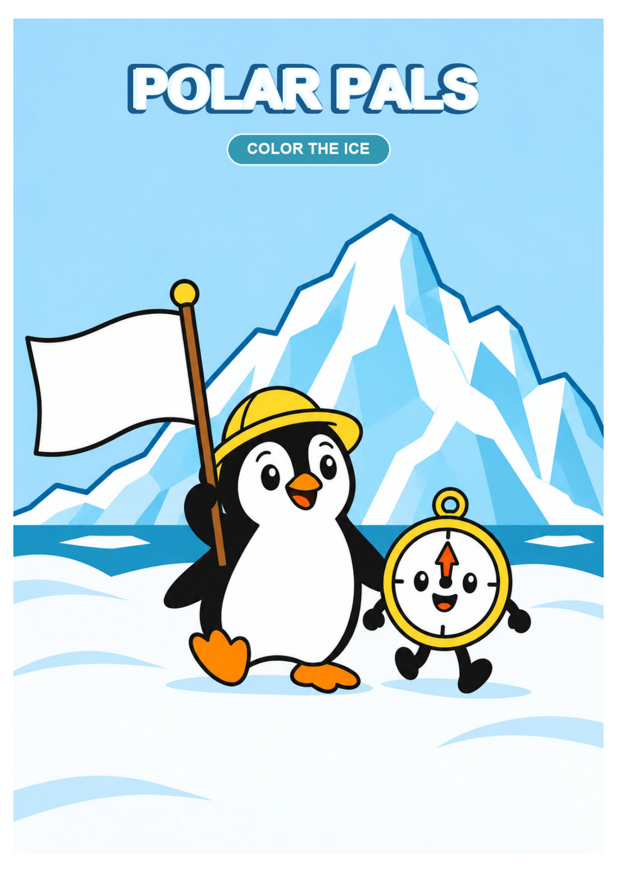Polar Pals — Color the Ice English-language cover, showing a penguin explorer and a smiling compass.