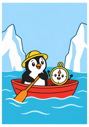 Polar Pals colored example: a penguin and smiling compass ride in a red rowboat between icebergs.
