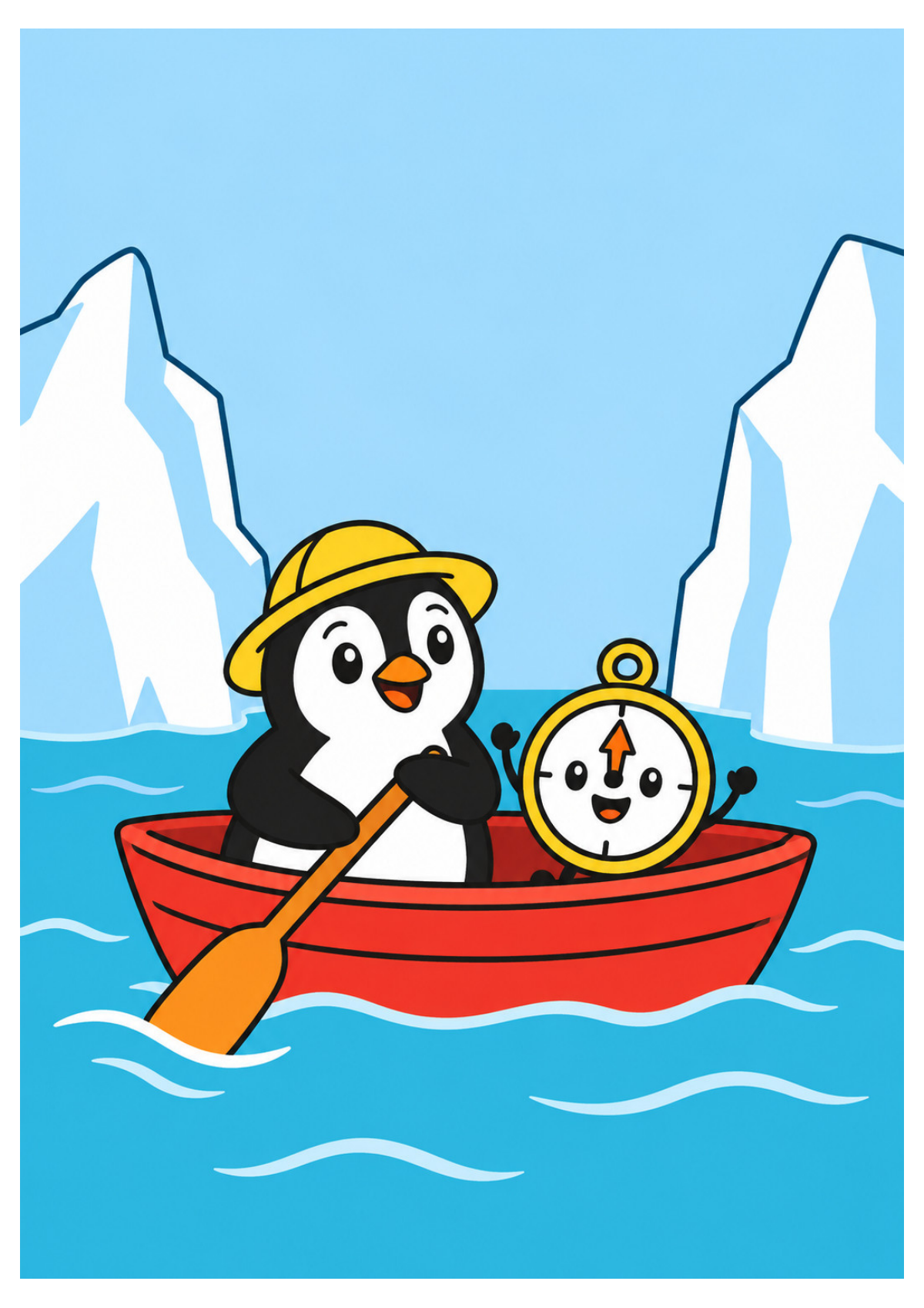 Polar Pals colored example: a penguin and smiling compass ride in a red rowboat between icebergs.