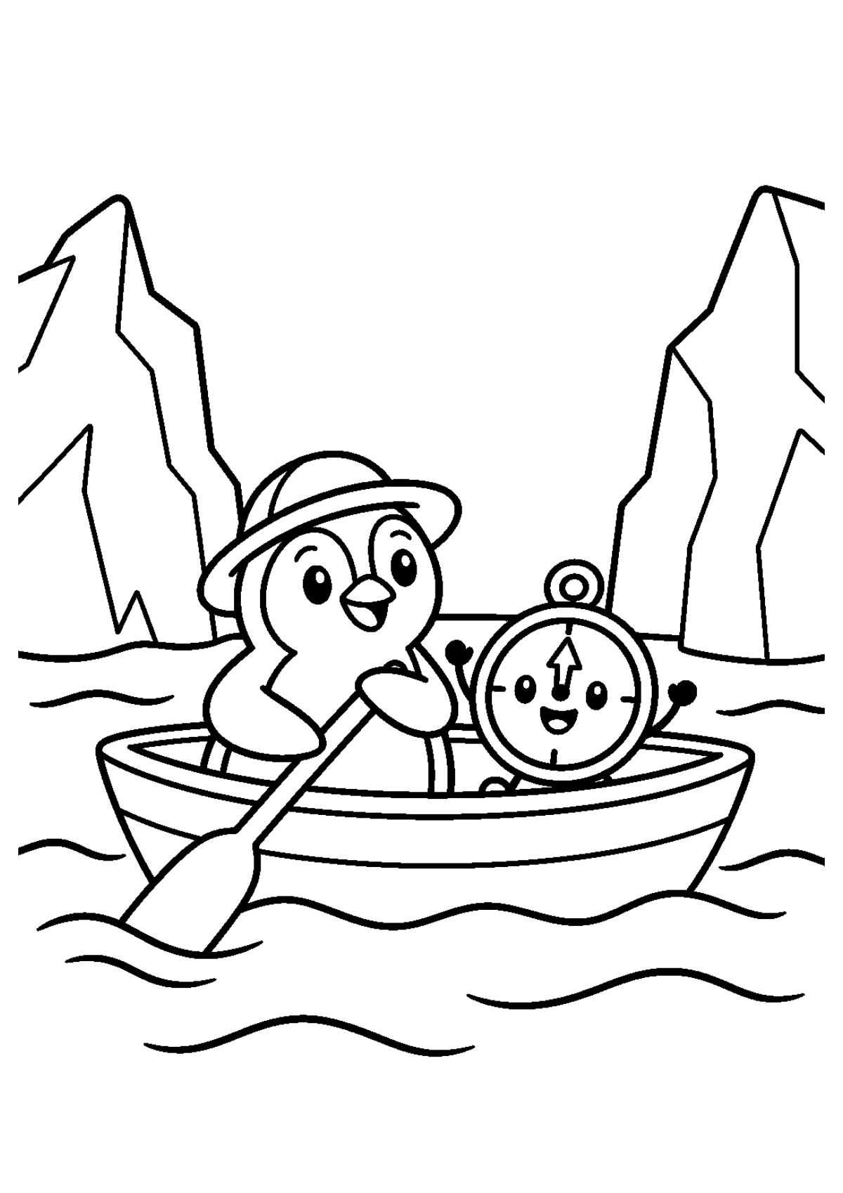 Polar Pals black-and-white coloring page: a penguin and smiling compass in a rowboat on icy water.