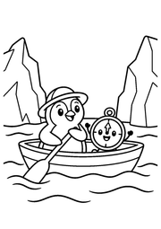 Polar Pals black-and-white coloring page: a penguin and smiling compass in a rowboat on icy water.