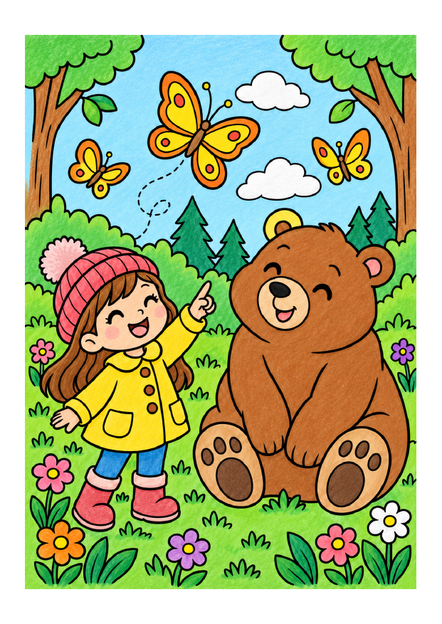 A colored woodland animal scene from inside Forest Coloring Adventures — Butterfly days