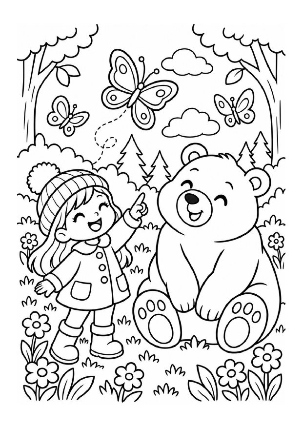 The matching black-and-white woodland scene, ready to color — Butterfly days