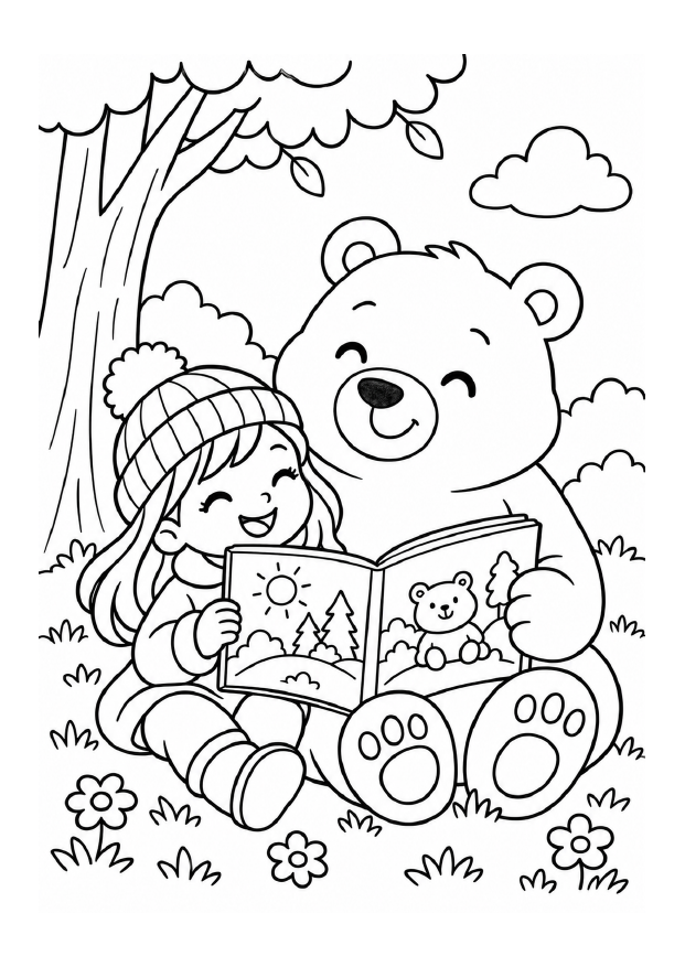 The matching black-and-white woodland scene, ready to color — A quiet read